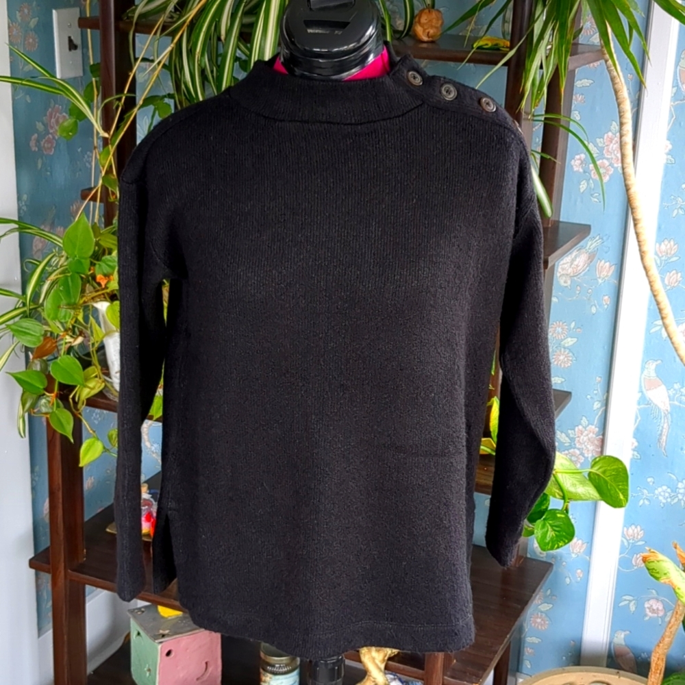 Loft Button Shoulder Tunic Length Vented Hem Sweater Black SP